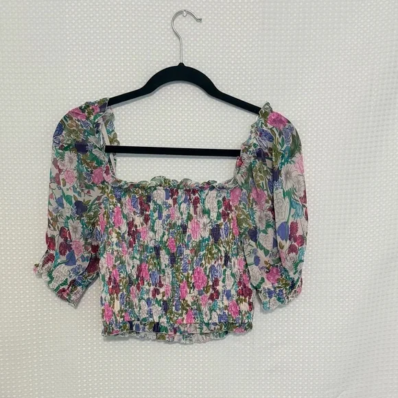 ASTR The Label Smocked Floral Crop Top Multicolor Puff Sleeve Ruffle | S - Picture 7 of 9